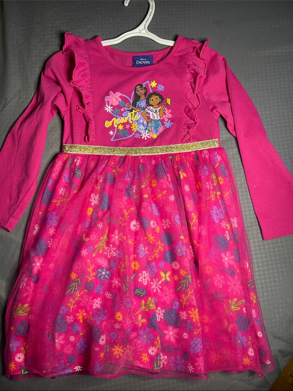 💰💕Disney Hot Pink Floral Tulle Dress with Gold Waistband